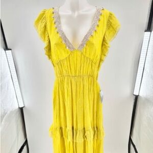 NWT 💗 CIEBON Nordstrom Metallic Stripe Tiered Ruffled Maxi Boho Dress M Yellow